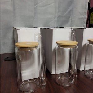Iced glass cups w/ bamboo lid and straw (3 pcs)
